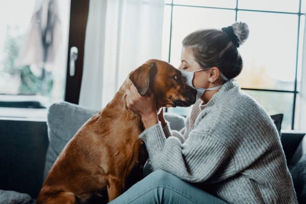 Woman wearing a protective face mask cuddles, plays with her dog at home